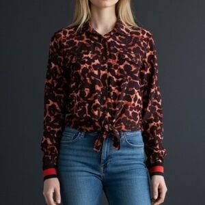 TRUTH NYC 1980s Tortoise Print Cropped Bow Tie Waist Baddie Shirt